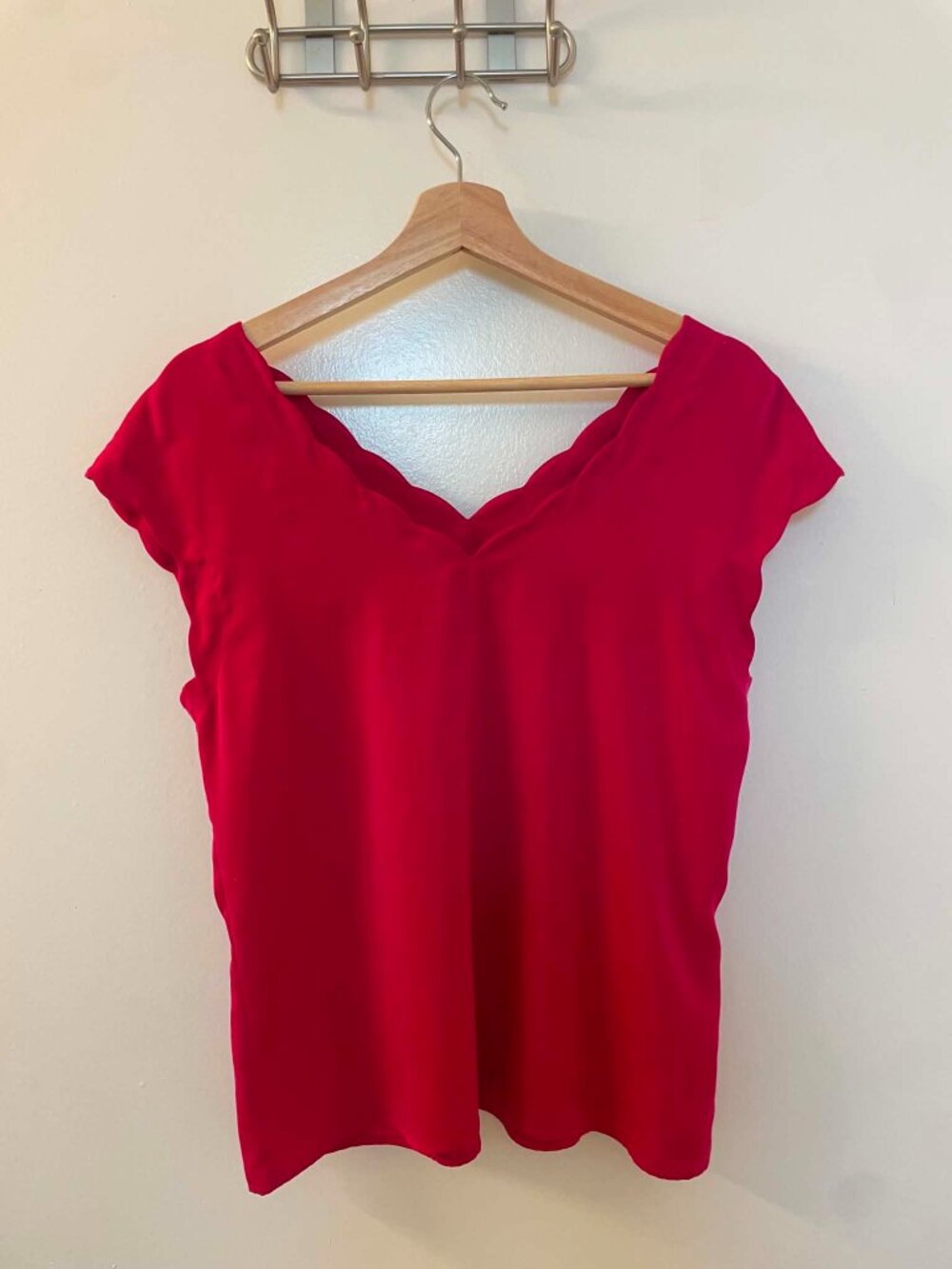 Express Satin Blouse Top, Dark Pink, Size S, Scalloped Sleeve & Neck
